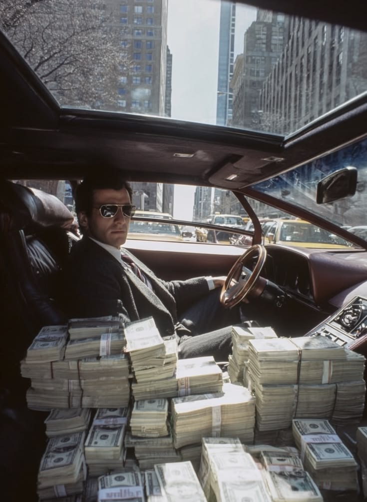 A man in sunglasses seated behind an absurd pile of cash inside a black car
