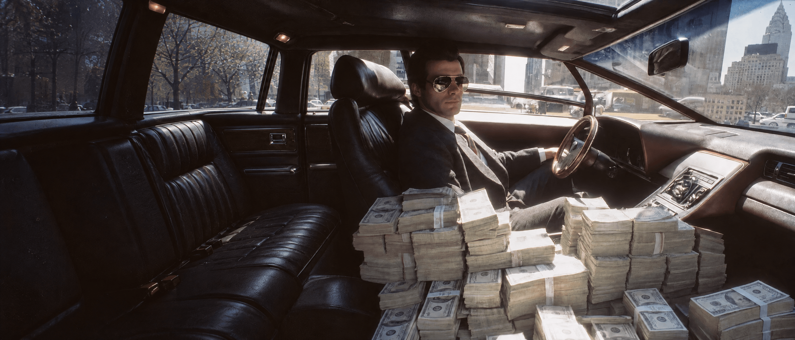 A man seated behind an absurd pile of cash beside a black car at night